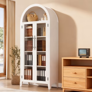 Farmhouse 5 Tier Bookcase Display Shelf, with Adjustable Shelf and 2 Large Glass Doors